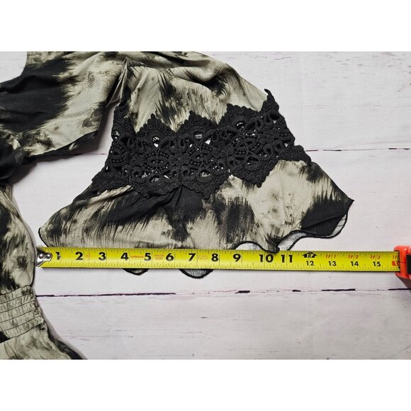 VENUS S BLACK BEIGE MOCK NECK COLD SHOULDER SMOCKED WAIST PEPLUM V-NECK L/S TOP - Picture 15 of 16